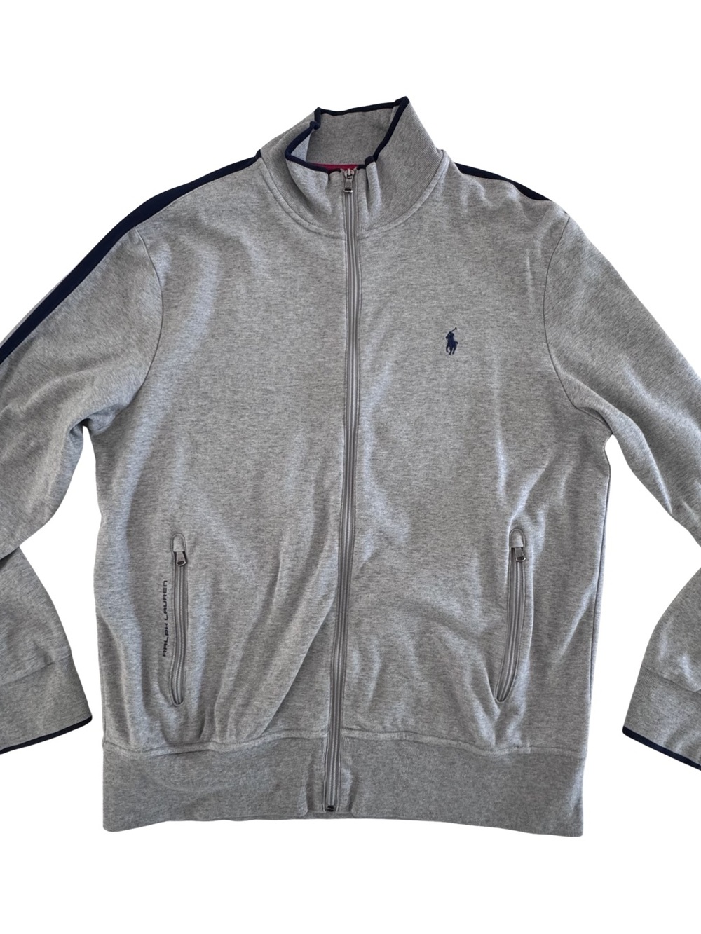 Polo Ralph Lauren Mens L Gray Cotton Full Zip Track Jacket Navy Stripe